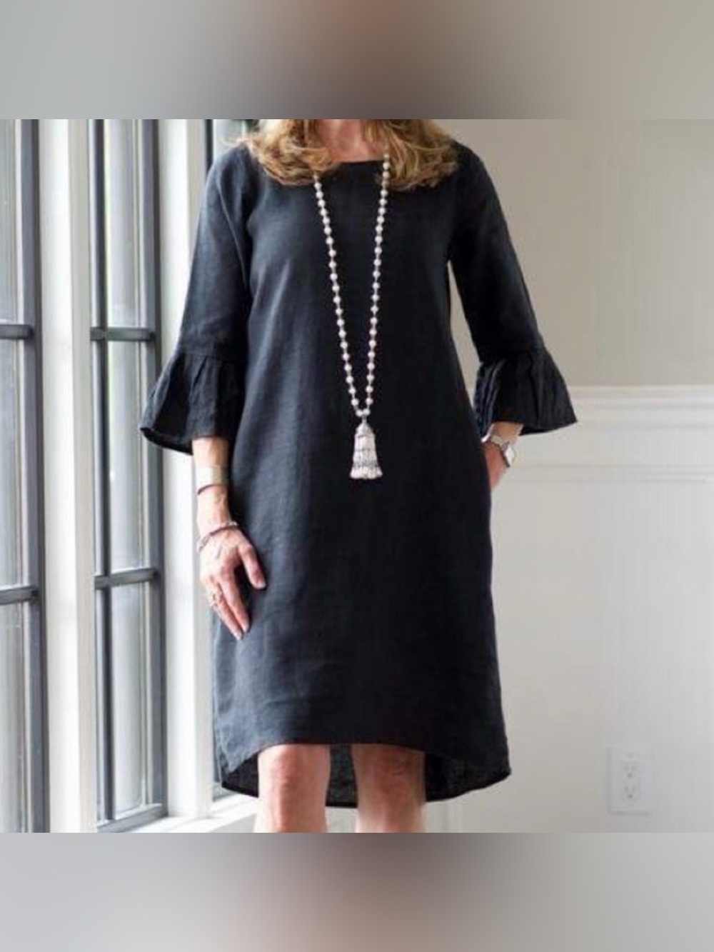 Crown Linen Design Blakely Bell Sleeve Shift Dress Black Size Extra‎ Large